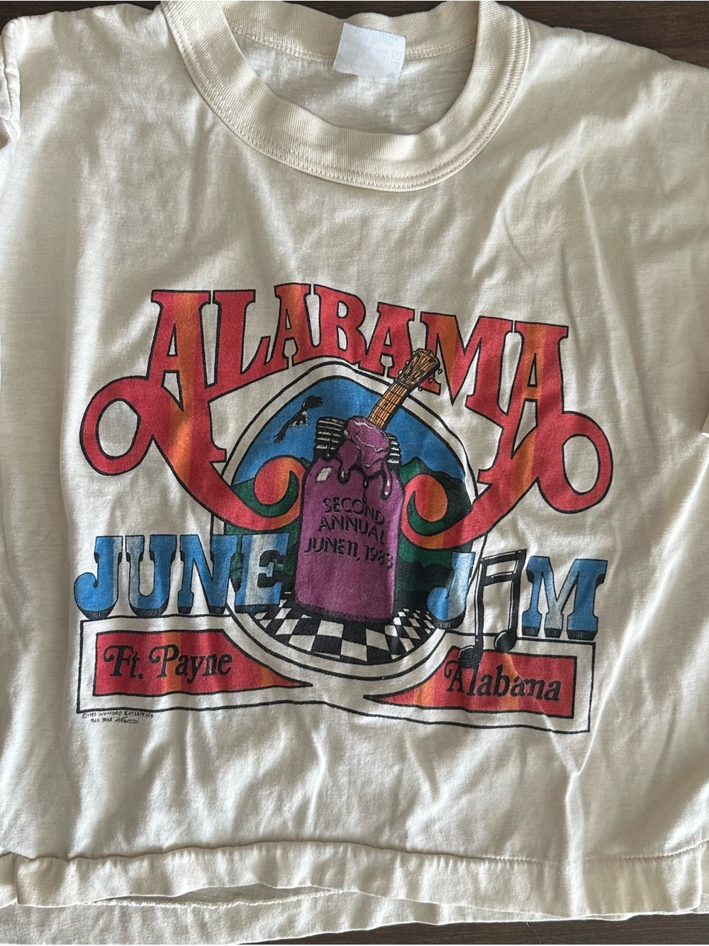Vintage Alabama June Jam Graphic Crop Top Tee - Cream with Red & Blue Print